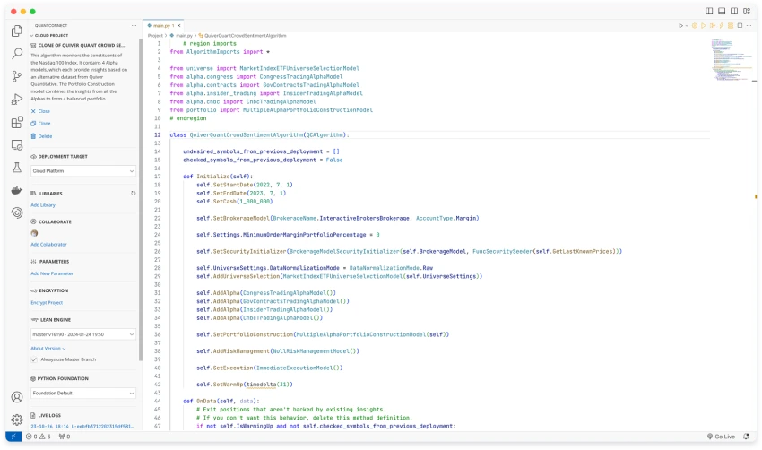 QuantConnect Algorithm Lab, éditeur de code Python