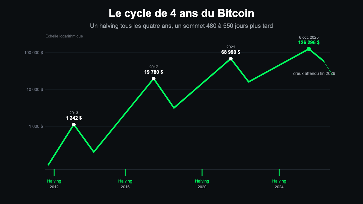 Le cycle de 4 ans du Bitcoin : halvings 2012 à 2024 et sommets successifs en échelle logarithmique
