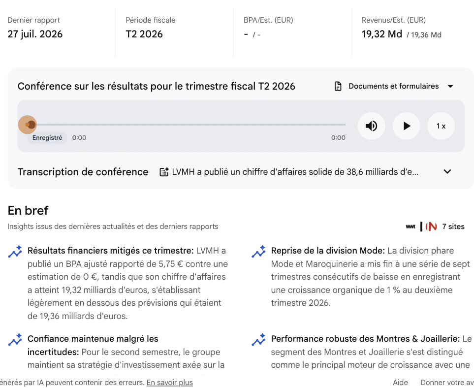 Onglet Bénéfices de LVMH avec une estimation de BPA à 0 euro dans le résumé IA